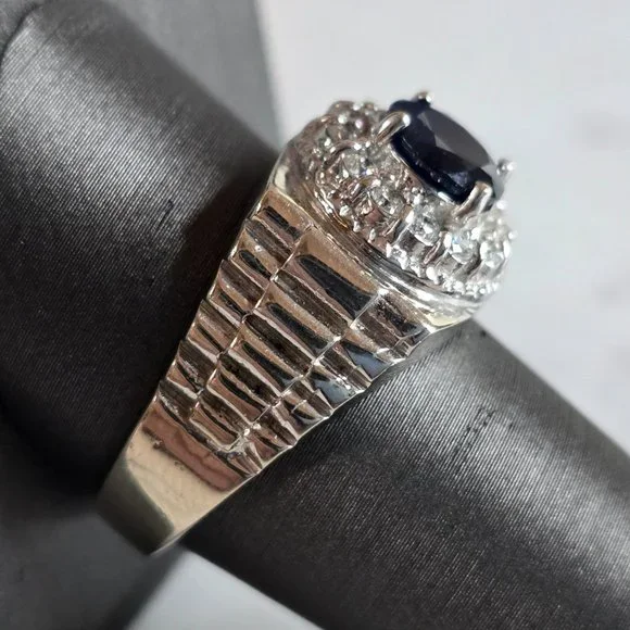 Mens Vintage Estate 14k White Gold Diamond Sapphire Ring 9.3g E7437